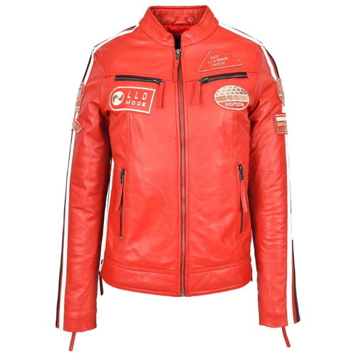 Ladies Leather Cafe Racer Biker Jacket Motorcycle Badges Rosa Red 1