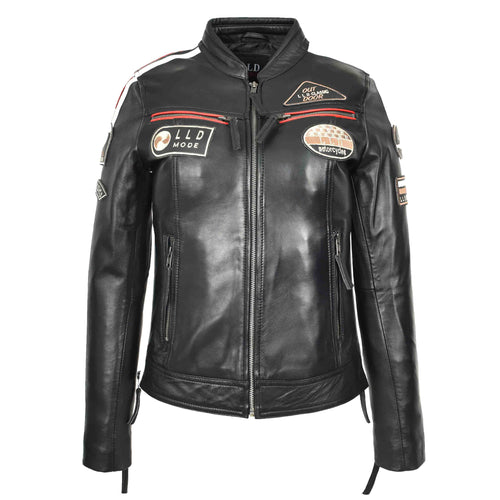 Ladies Leather Cafe Racer Biker Jacket Motorcycle Badges Rosa Black 1