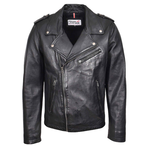 Mens Leather Brando Biker Jacket Cross Zip Daylen Black 1