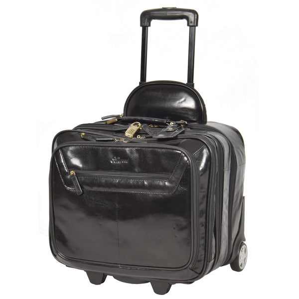 Leather Pilot Case Travel Laptop Bag Wheels Black House of Leather