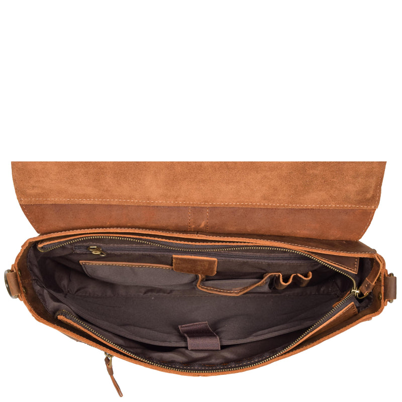 Mens Leather Briefcase Vintage Cross Body Organiser Bag H8127 Tan 7