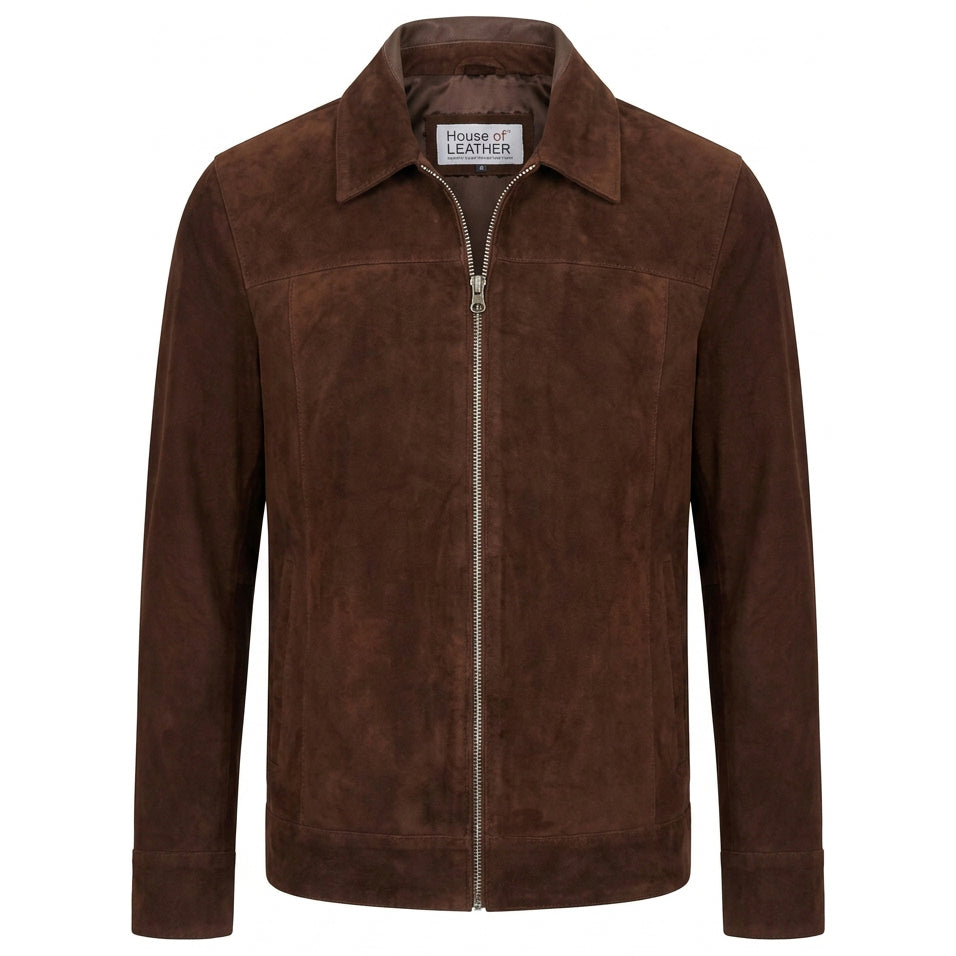 Mens Real Goat Suede Jacket Classic Zip Box Brown | House of Leather