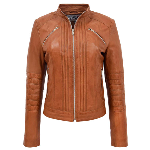 Womens Leather Classic Biker Style Jacket Alice Tan