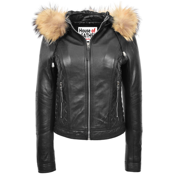 Womens Detachable Hoodie Biker Leather Jacket Black | House of Leather