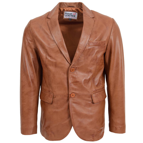 Mens Leather Blazer Two Button Jacket Zavi Tan