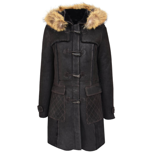 Womens Sheepskin Duffle Coat 3/4 Length Parka Beth Dark Brown