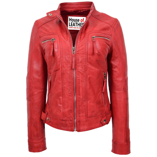 Womens Real Leather Biker Jacket Casual Style Annie Red