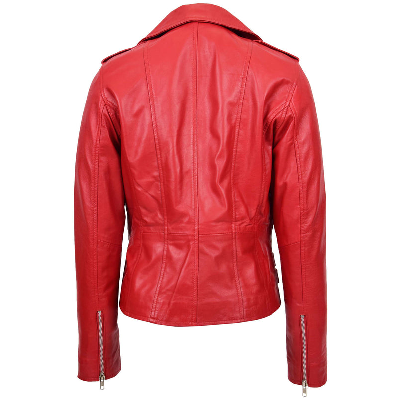 Womens Cross Zip Biker Leather Jacket Cara Red 1