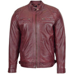 Mens Biker Leather Jacket Standing Collar Bowie Burgundy 2