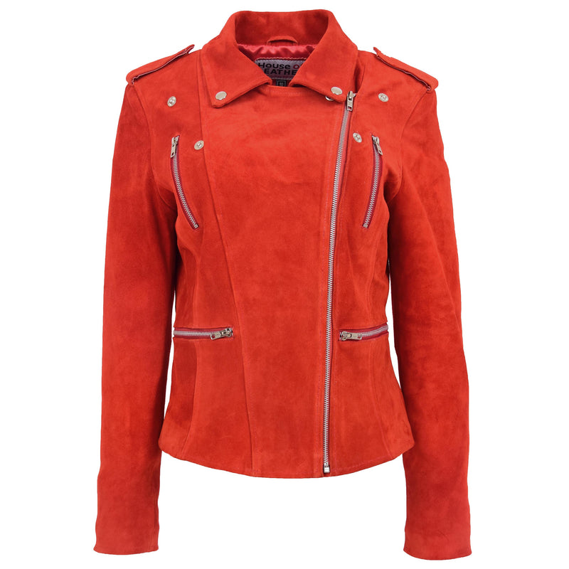 Womens Suede Biker Style Zip Jacket Skylar Red 2