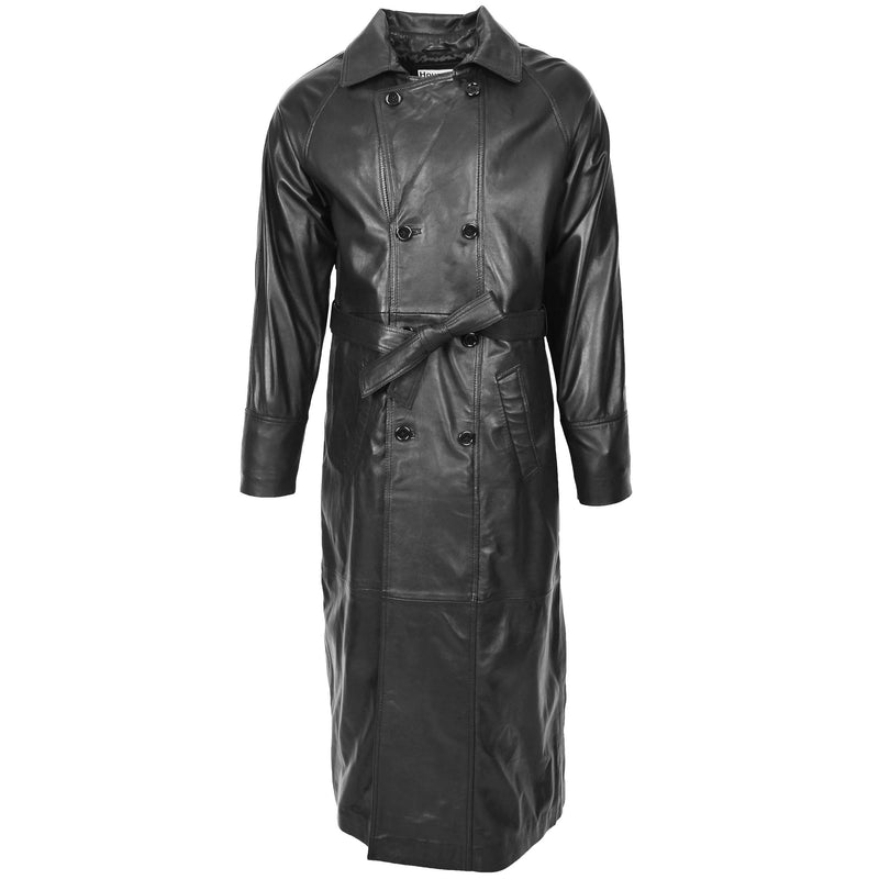 Mens Full Length Double Breasted Leather Coat Pete Black 3