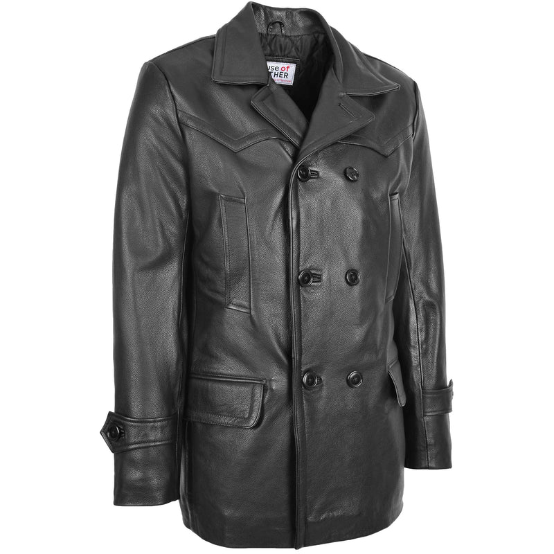Mens Double Breasted Leather Peacoat Salcombe Black 2