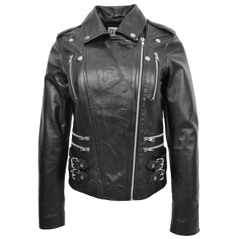 Womens Cross Zip Biker Leather Jacket Cara Black 2