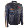 Mens Real Leather Biker Jacket Cafe Racer Style Badges TRON Navy 4