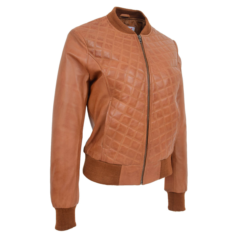 Womens Leather Varsity Quilted Bomber Jacket Sally Tan 3