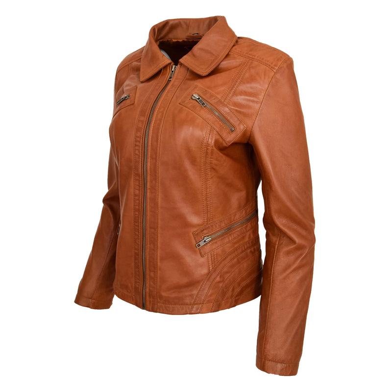 Womens Classic Leather Biker Zip Box Jacket Nova Tan