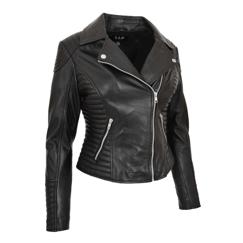 Womens Soft Leather Cross Zip Biker Jacket Anna Black 4