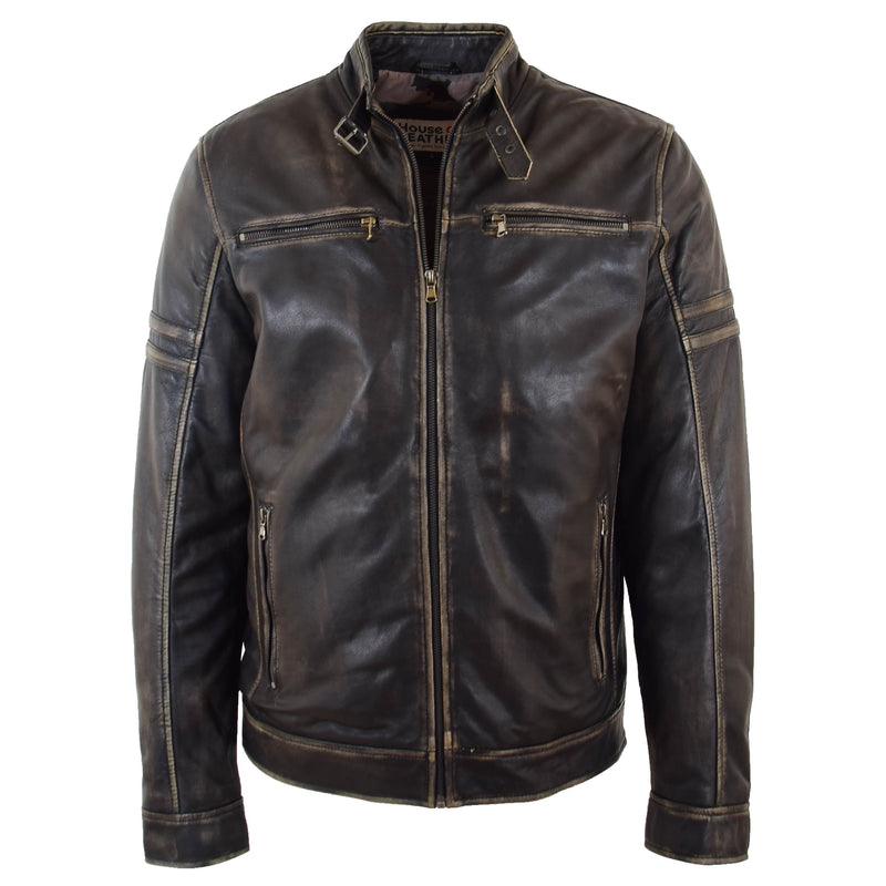 Mens Real Leather Biker Jacket Vintage Rub Off Effect RICKY 5