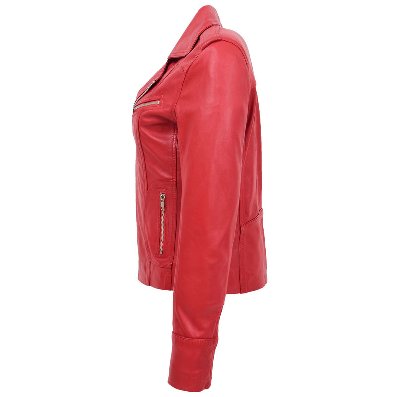 Womens Leather Fitted Biker Style Jacket Kim Red 4