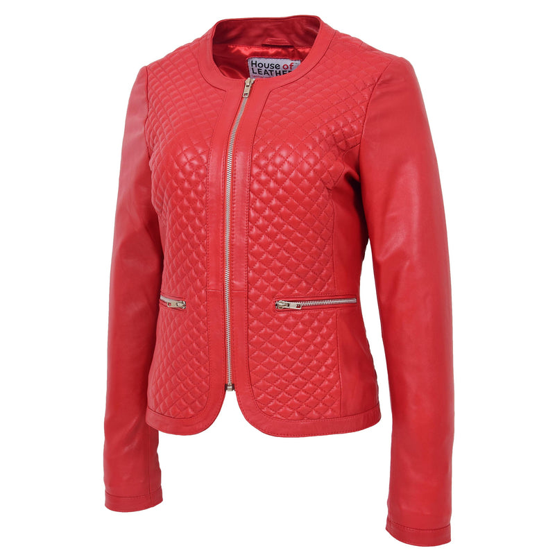 Womens Leather Collarless Jacket with Quilt Design Joan Red 3