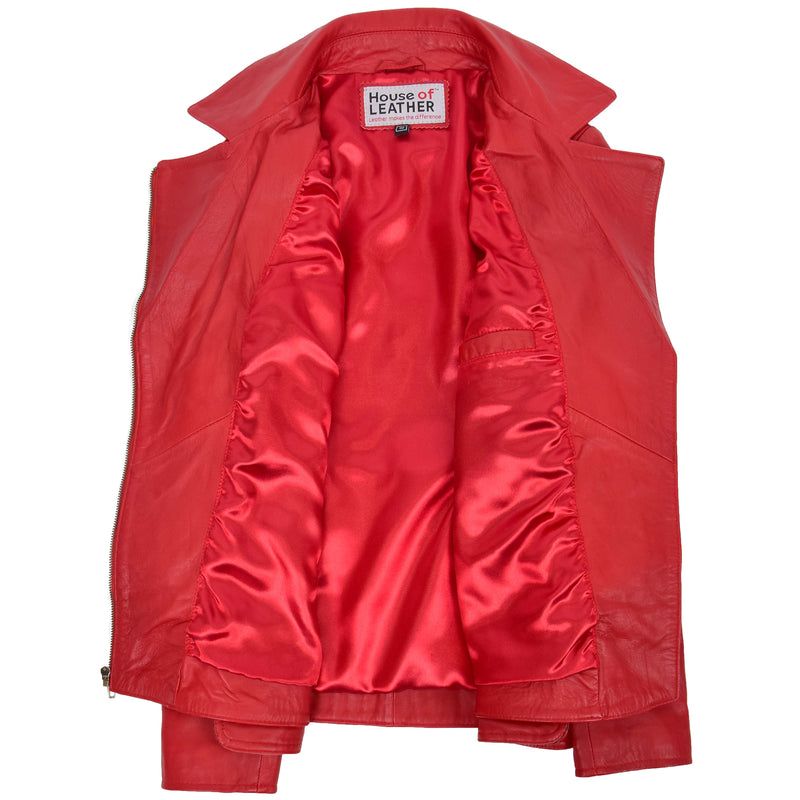 Womens Leather Hip Length Biker Jacket Celia Red 6