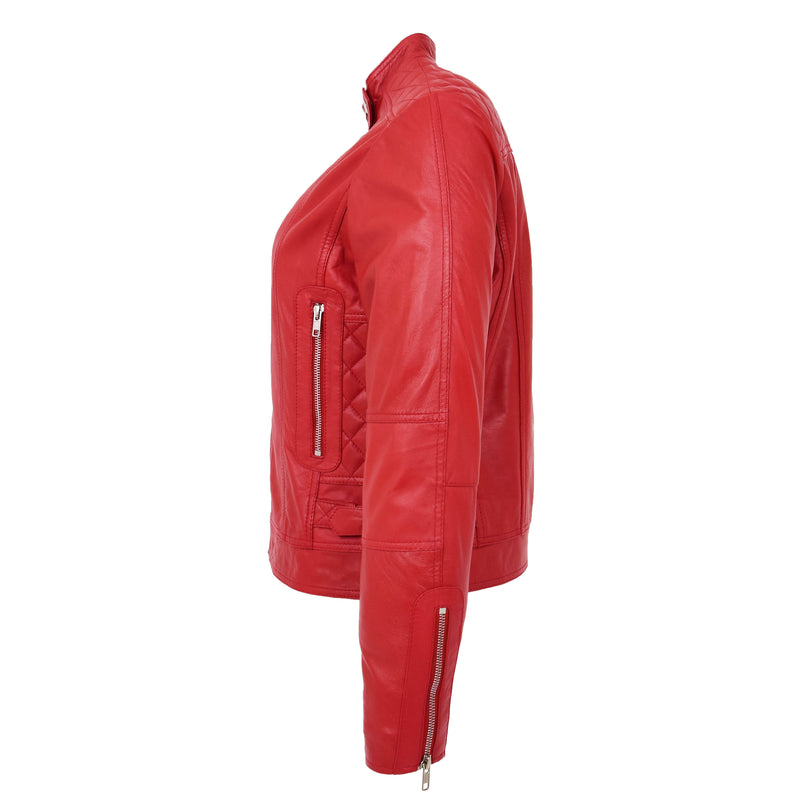Womens Soft Leather Casual Zip Biker Jacket Ruby Red 5