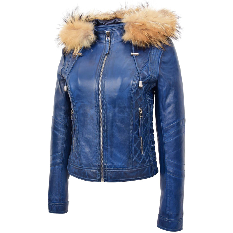 Womens Detachable Hoodie Biker Leather Jacket Lily Blue 3