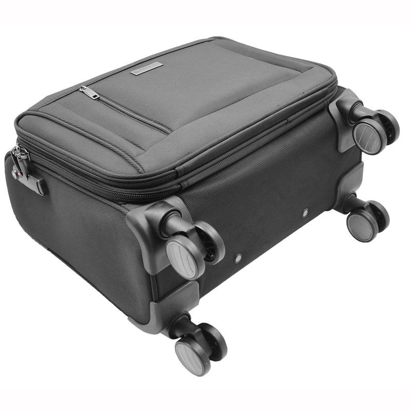 Made from durable polyester/Polyimide and complete with high quality zip pullers. It features a top carry handle, self locking telescopic handle, two front pockets and TSA approved integrated combination lock. Inside there are one packing straps and open compartments, one of the compartments is padded and suitable for a laptop. 7