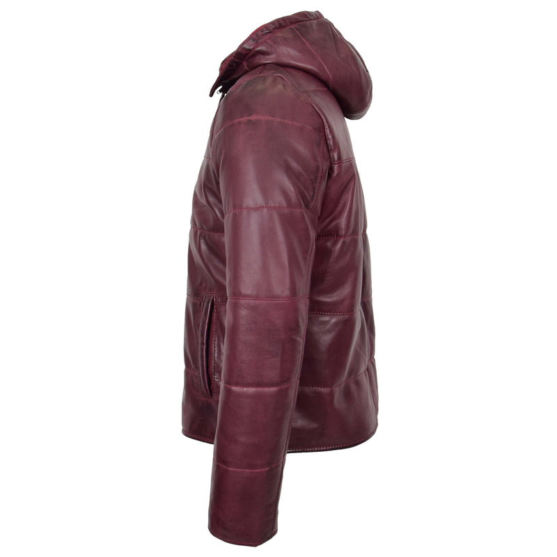 Mens Leather Hooded Puffer Jacket Rory Burgundy 4