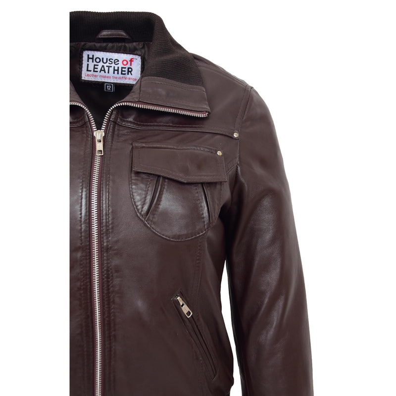 Womens Leather Classic Bomber Jacket Motto Brown 6