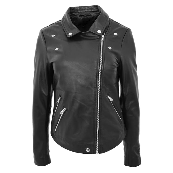 Women's Real Leather Biker Jacket - Cross Zip Style Lola Black Size 16