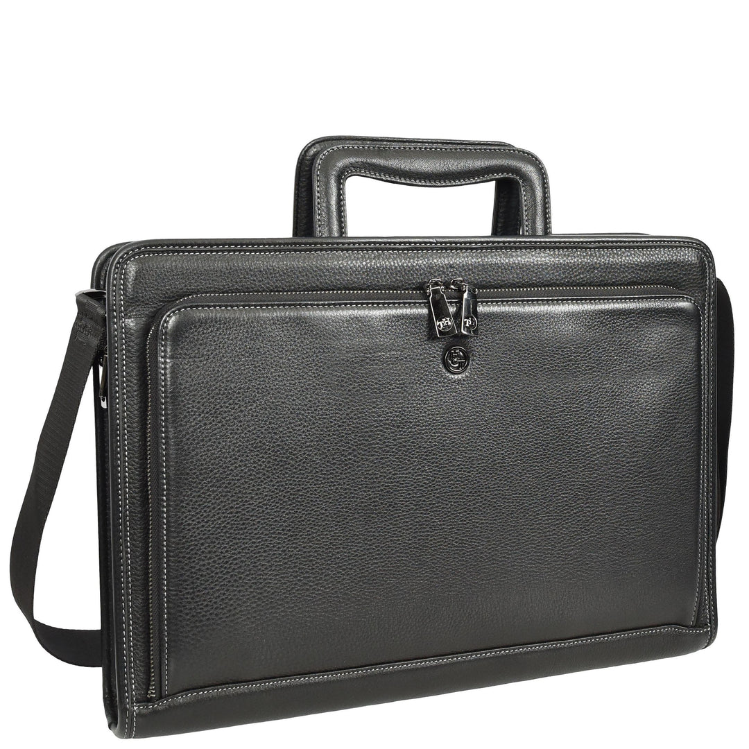 Men’s Leather Business Briefcase Laptop Work Bag with Crossbody Shoulder Strap Raya Black