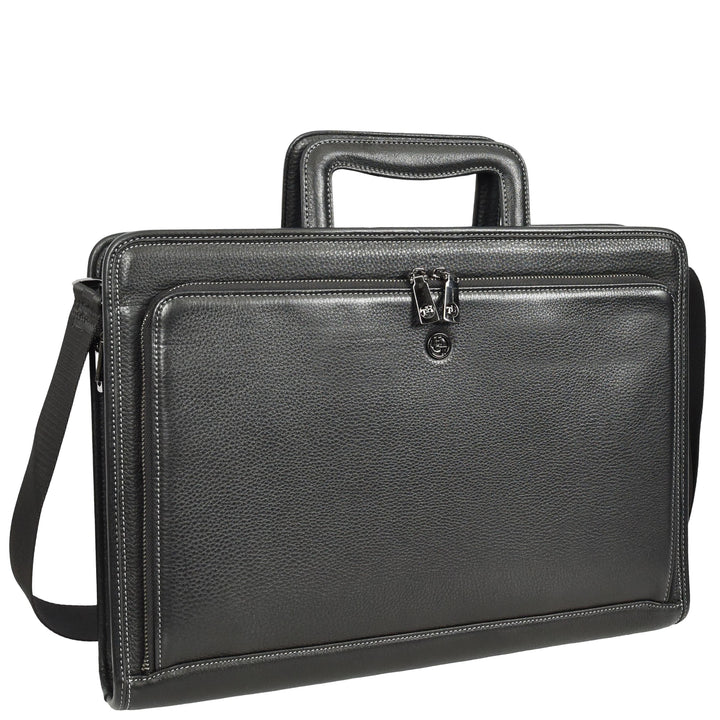Men’s Leather Business Briefcase Laptop Work Bag with Crossbody Shoulder Strap Raya Black