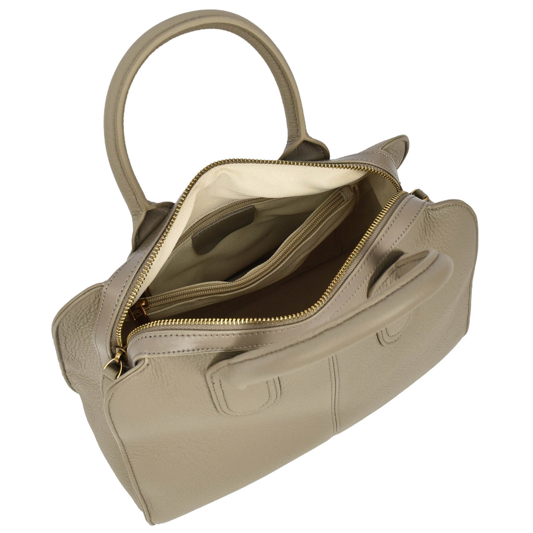 Womens Real Leather Handbag Classic Organiser Top-Handle Style Meadow Grey-6