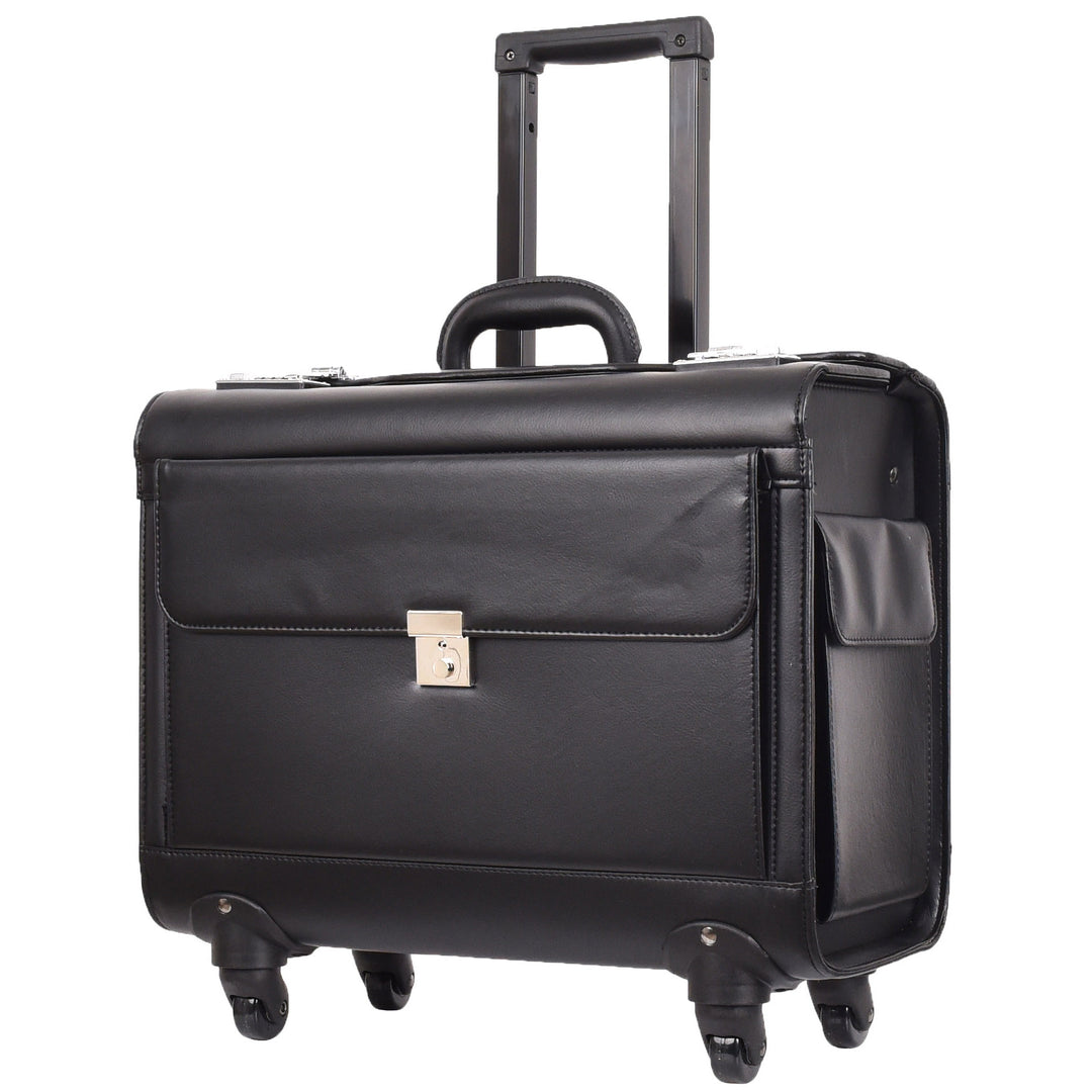 4 Wheel Spinner Leather Pilot Case Flight Carry on Cabin Bag HOL966 Black 9