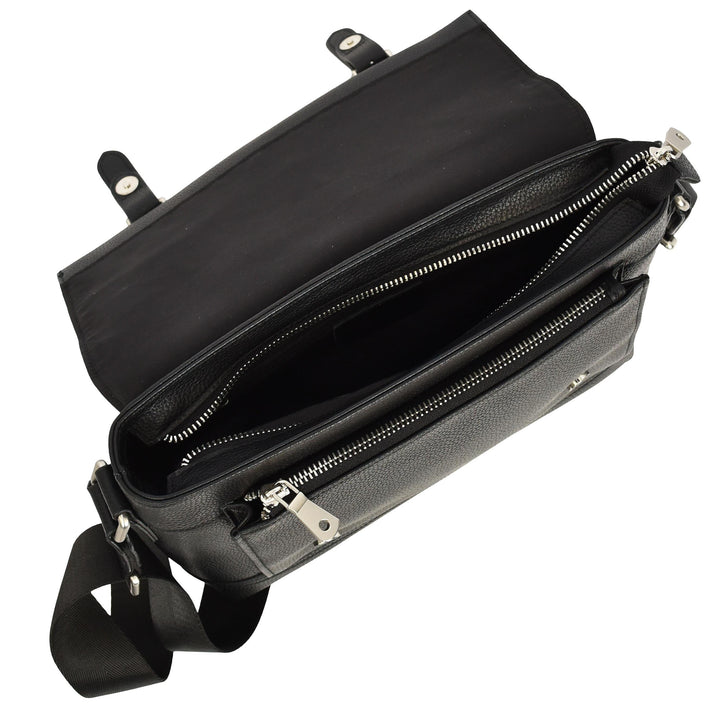 Men's Real Leather Crossbody Messenger Bag Flap Over Dual Buckle Ted Black