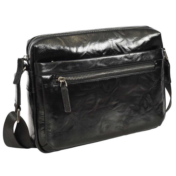 Mens Genuine Distressed Leather Crossbody Flight Bag Multiple Pockets Axel Black