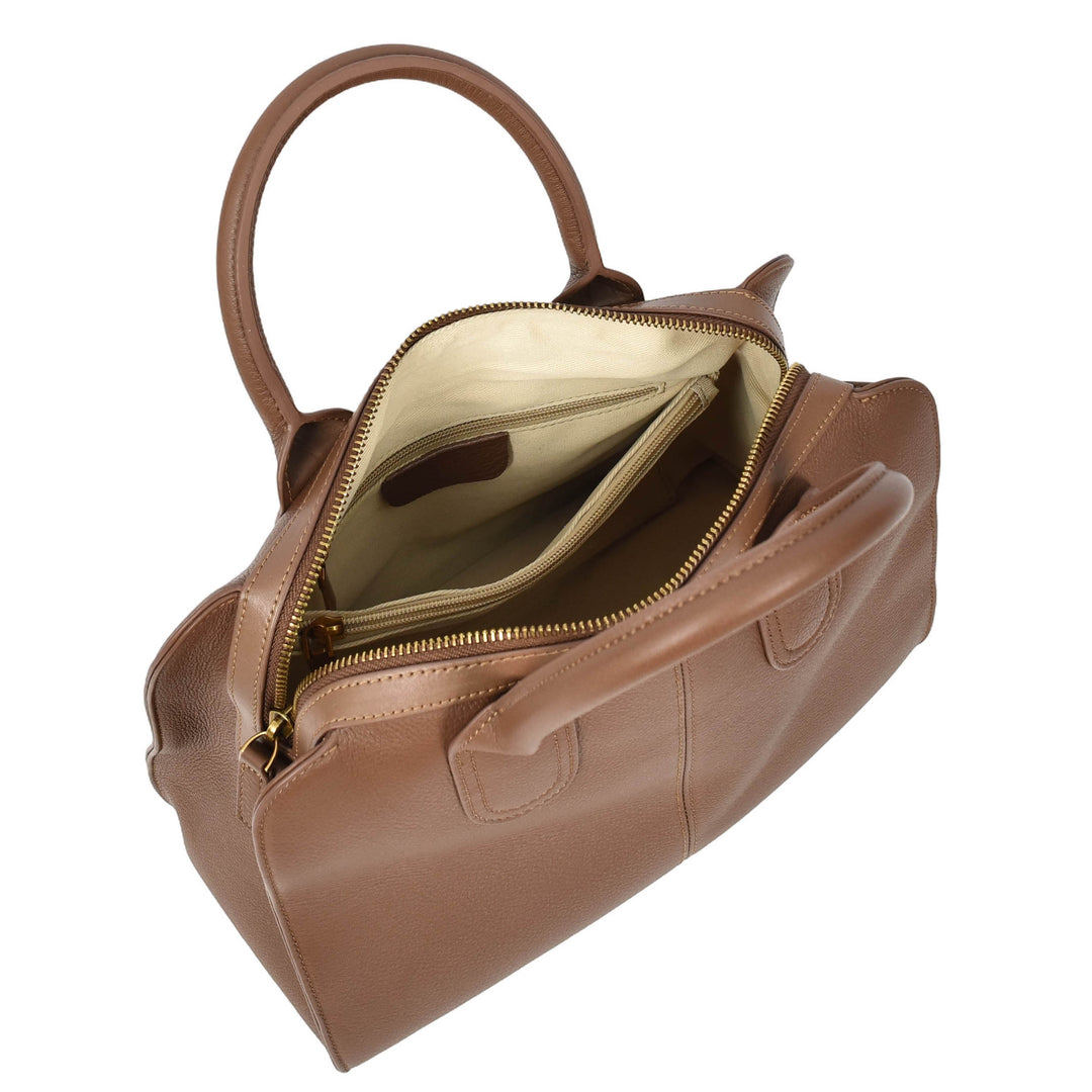 Womens Real Leather Handbag Classic Organiser Top-Handle Style Meadow Brown-6