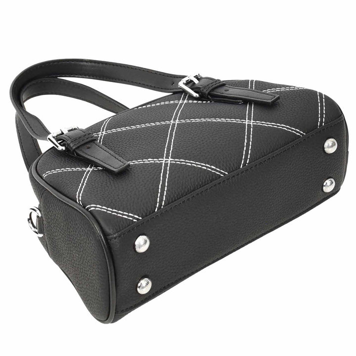 Women's Leather Satchel Handbag Quilted Stitch Design Anya Black 6