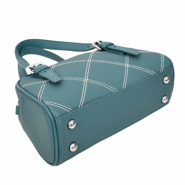 Women's Leather Satchel Handbag Quilted Stitch Design Anya Teal 6