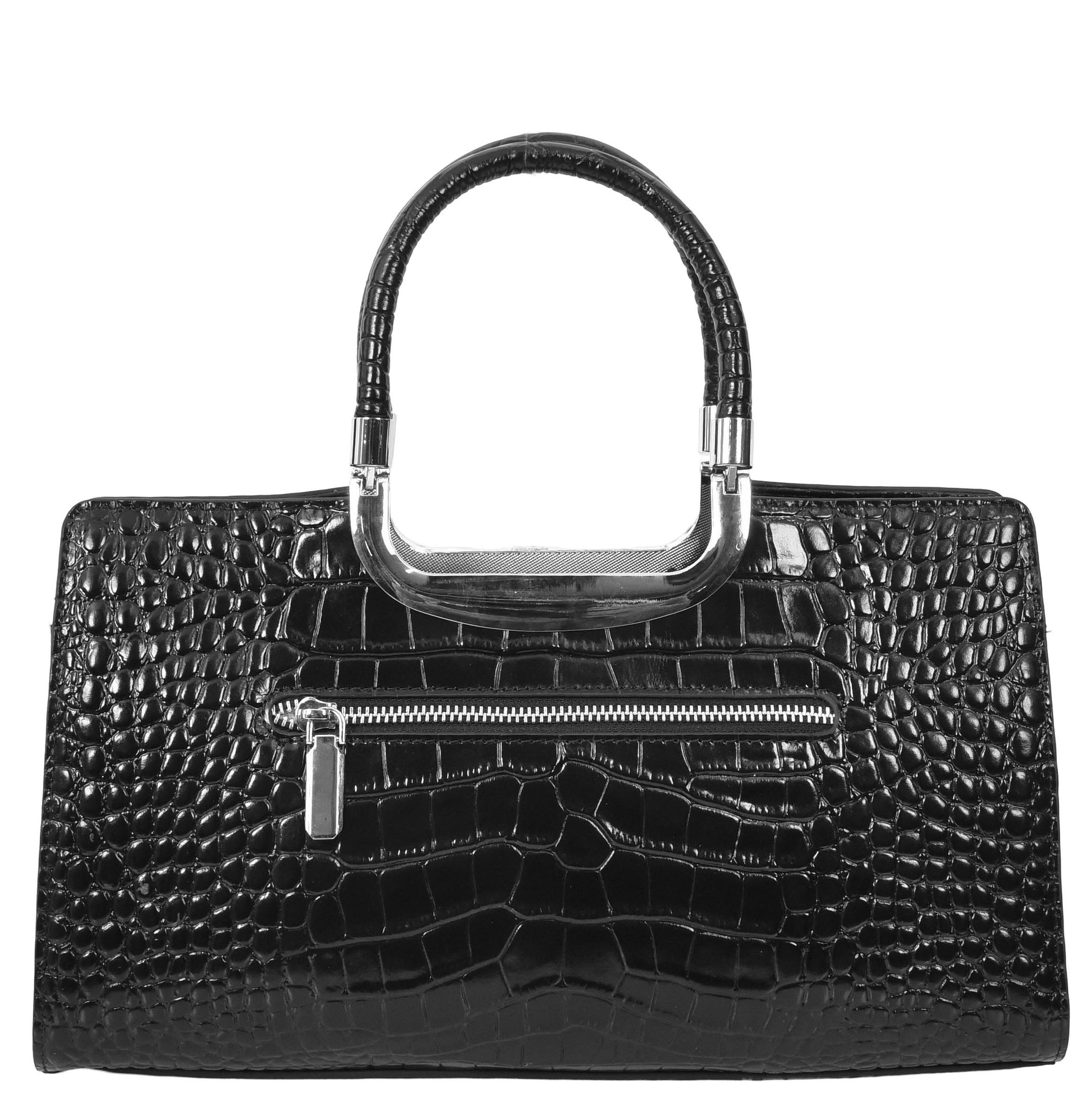 Womens Leather Croc Print Handbag Madeline Black 1