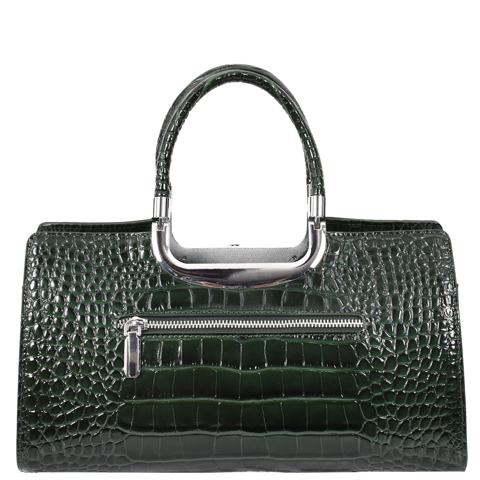 Womens Leather Croc Print Handbag Madeline Green 1