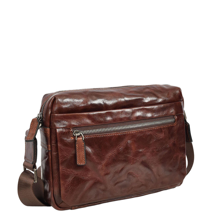 Mens Genuine Distressed Leather Crossbody Flight Bag Multiple Pockets Axel Brown