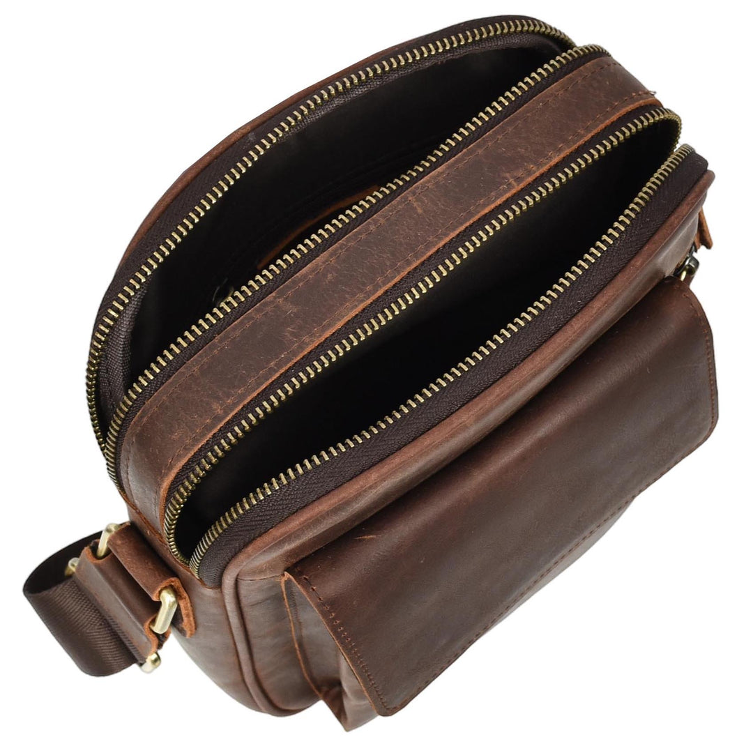 Mens Real Leather Cross Body bag Medium Multi-Pocket Travel Organiser Pouch Rovigo Rust Brown