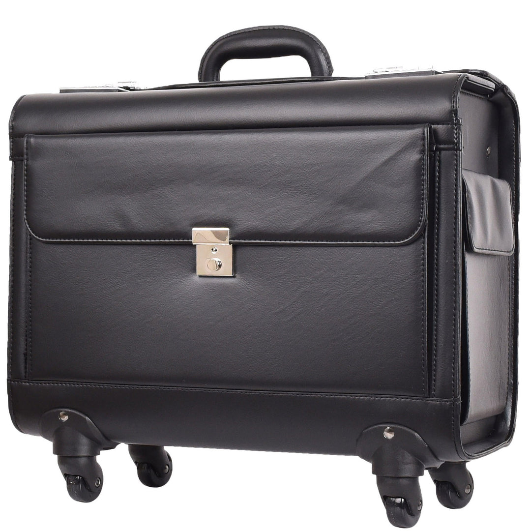 4 Wheel Spinner Leather Pilot Case Flight Carry on Cabin Bag HOL966 Black 10