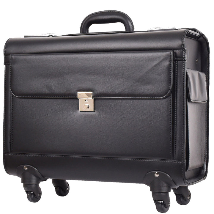 4 Wheel Spinner Leather Pilot Case Flight Carry on Cabin Bag HOL966 Black 10