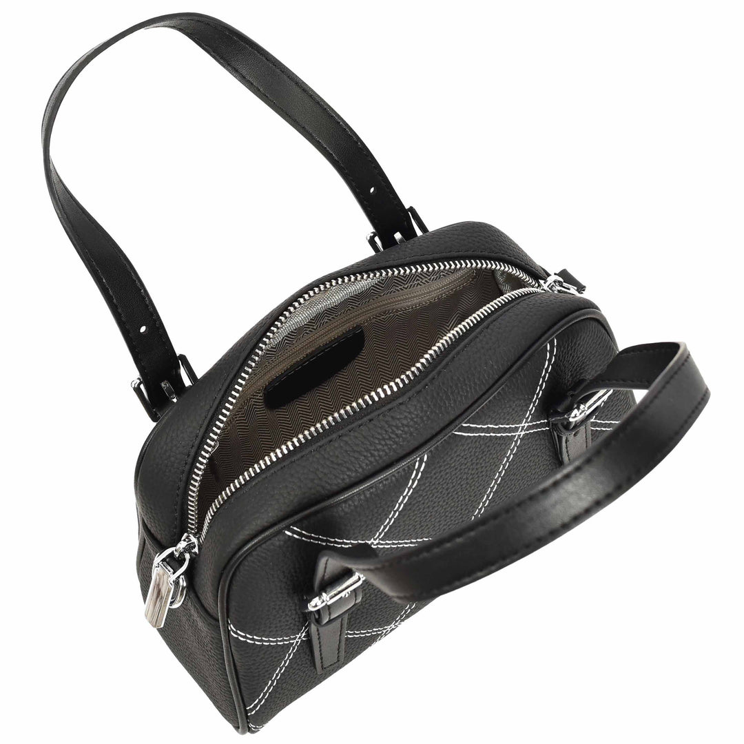 Women's Leather Satchel Handbag Quilted Stitch Design Anya Black 7