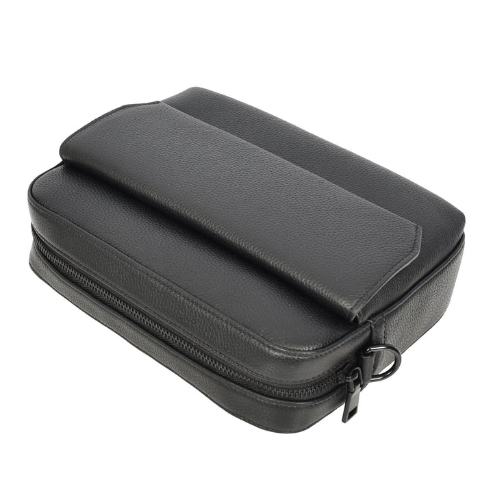 Men's Real Leather Crossbody Flight Bag Adjustable Strap Sandy Black