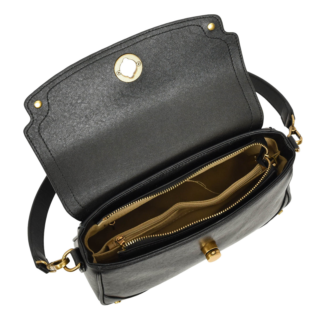Women's Leather Crossbody Handbag Flap over Turn Lock Bag Beverly Black 