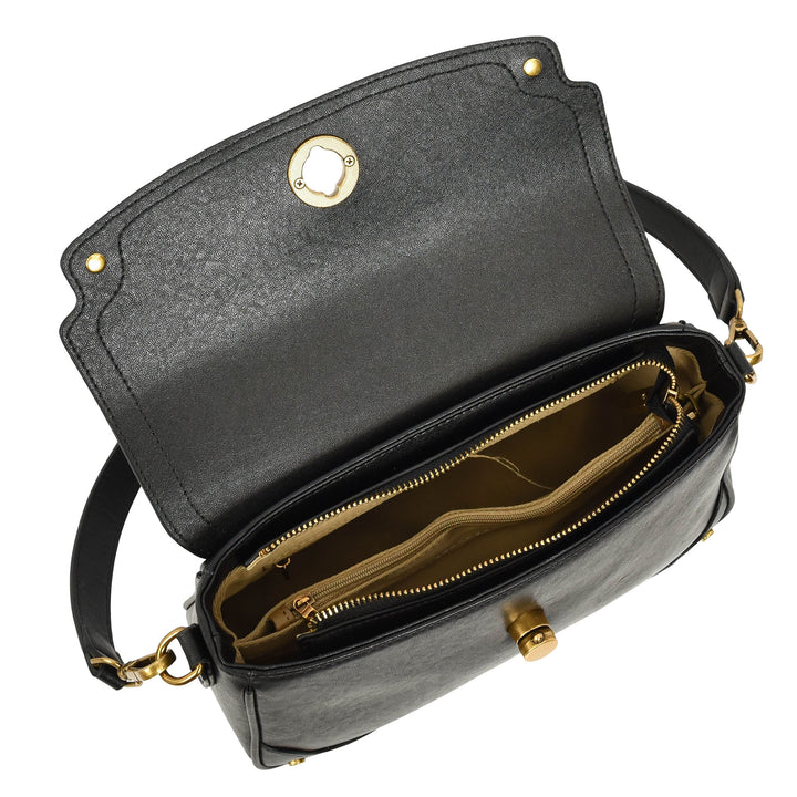 Women's Leather Crossbody Handbag Flap over Turn Lock Bag Beverly Black 
